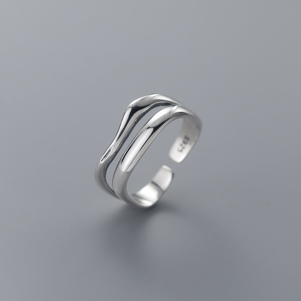 925 Sterling Silver Adjustable Open double wave Ring