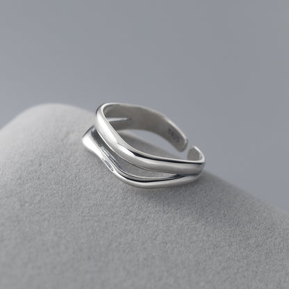 925 Sterling Silver Adjustable Open double wave Ring JR fashion