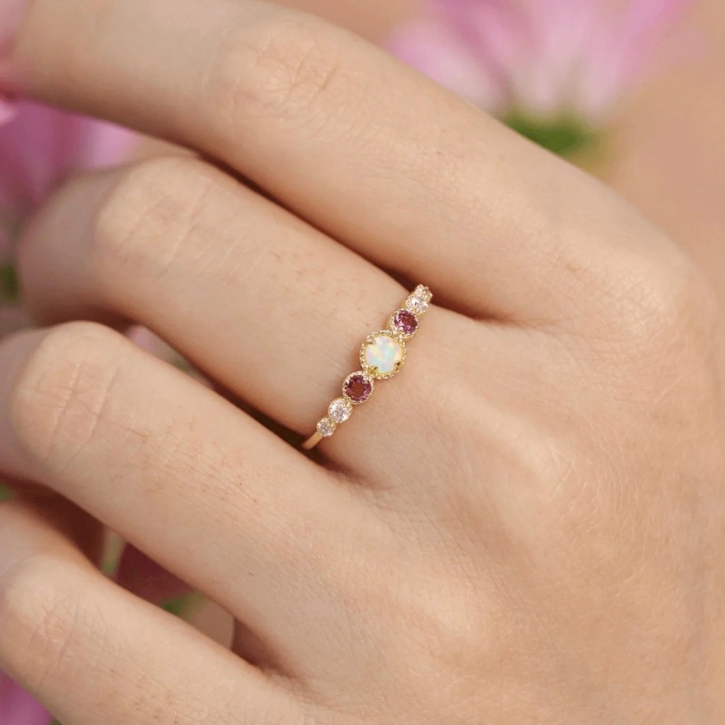 White Opal and Pink Rhinestone 925 Silver Gold-Plated Ring