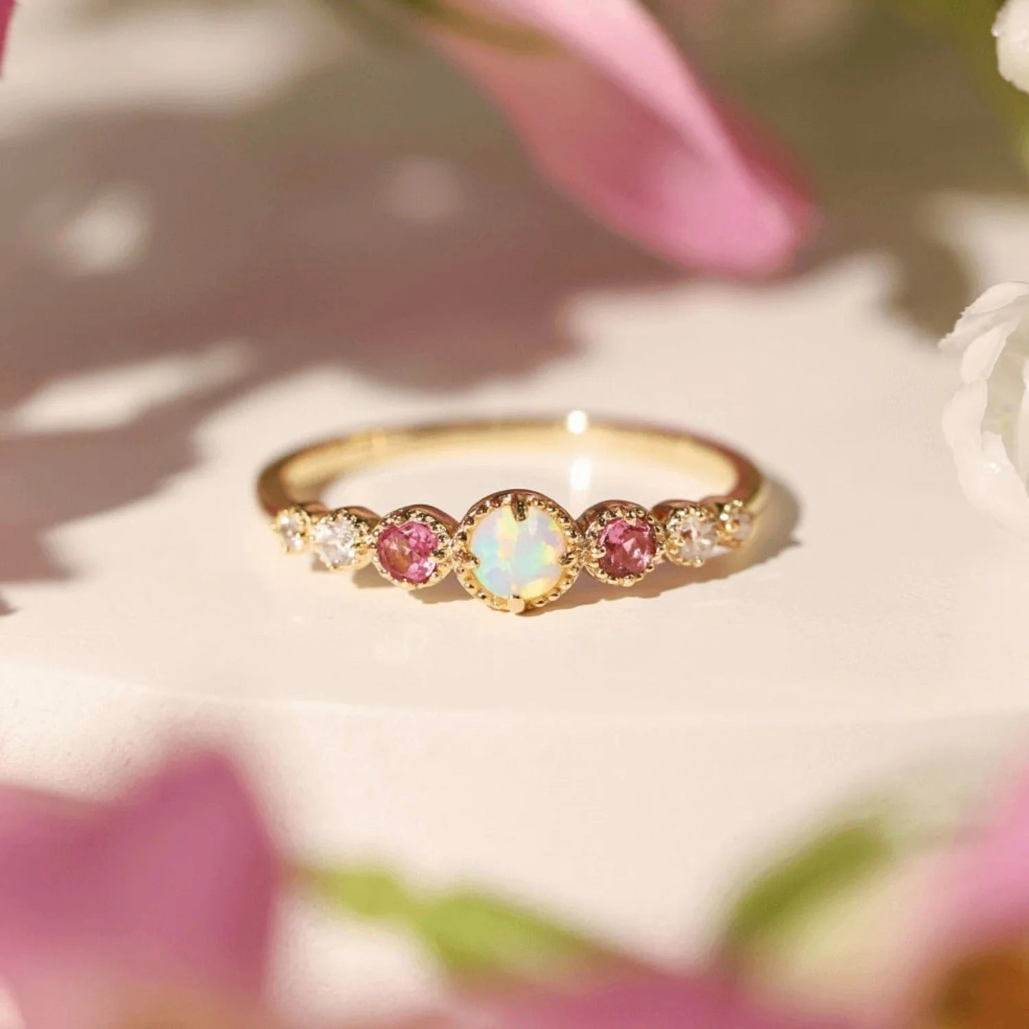 White Opal and Pink Rhinestone 925 Silver Gold-Plated Ring