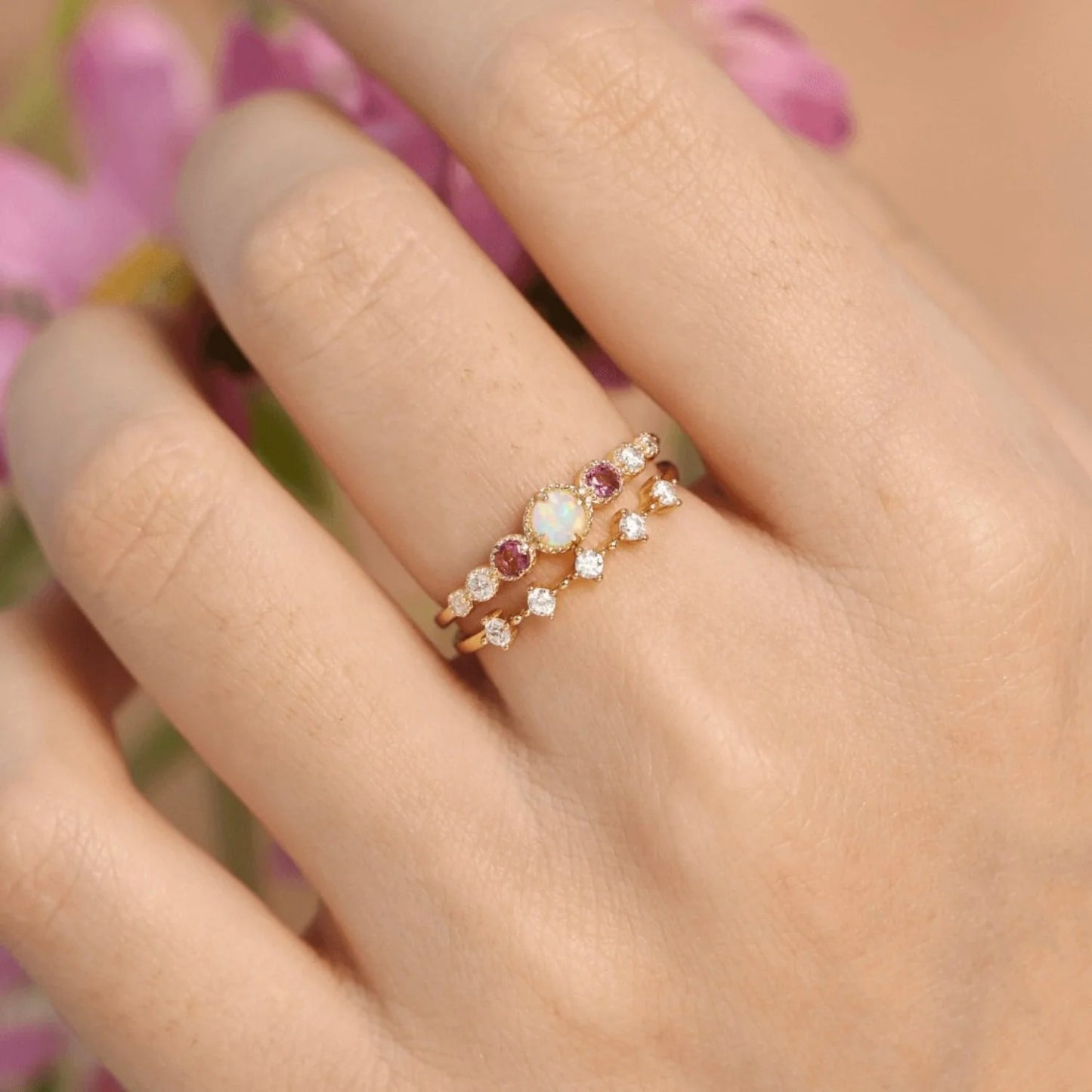 White Opal and Pink Rhinestone 925 Silver Gold-Plated Ring