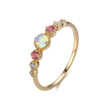 White Opal and Pink Rhinestone 925 Silver Gold-Plated Ring
