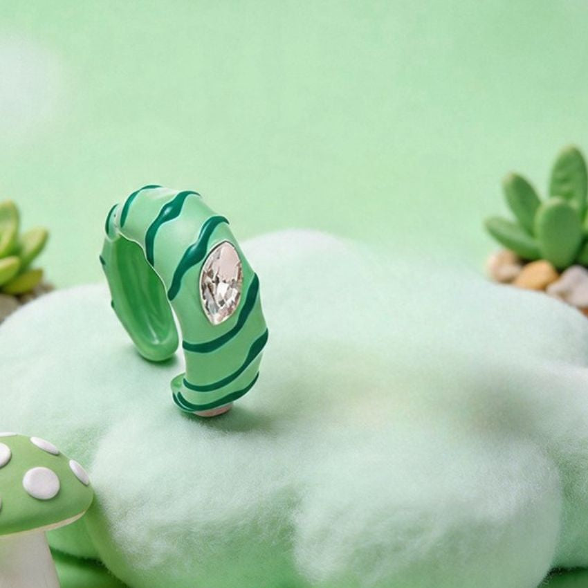 Wholesale 5 Pcs Brass Green Caterpillar Enamel Ring Marquise Zircon Crystal