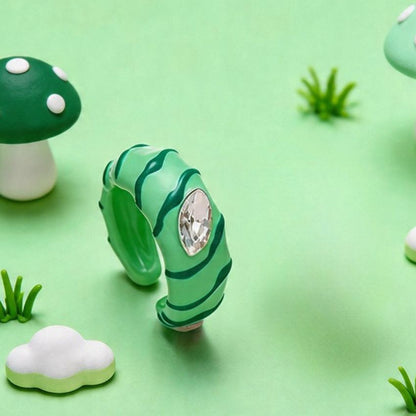 Wholesale 5 Pcs Brass Green Caterpillar Enamel Ring Marquise Zircon Crystal