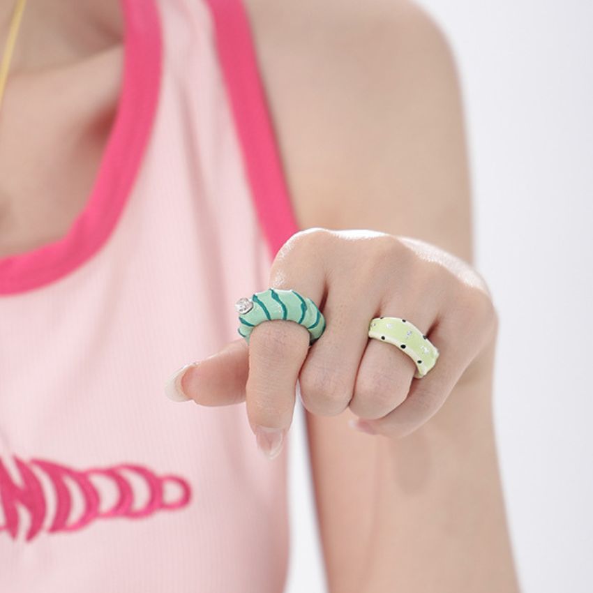 Wholesale 5 Pcs Brass Green Caterpillar Enamel Ring Marquise Zircon Crystal