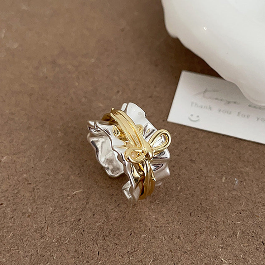 Wholesale brass two tone adjustable bow ring gold silver statement minimalist jewelry