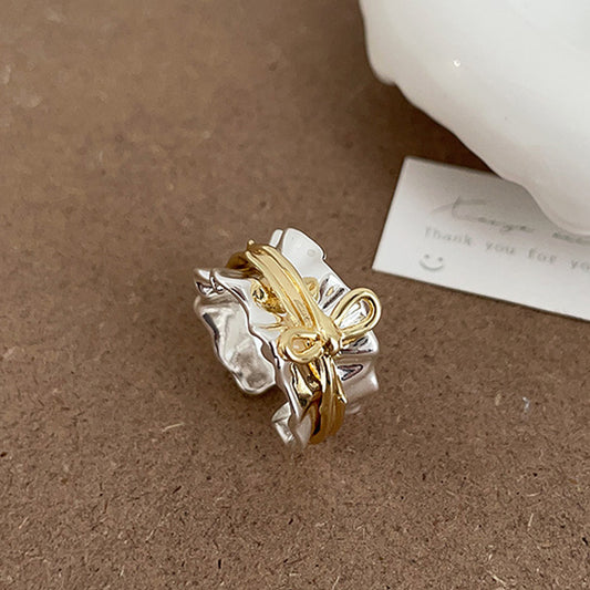 Wholesale brass two tone adjustable bow ring gold silver statement minimalist jewelry