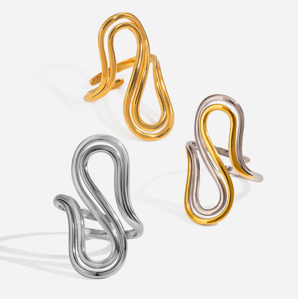 Gold silver and two tone double layer S shape adjustable open stainless steel rings for wholesal