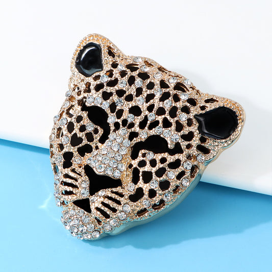 Rhinestone Hollow Leopard Head Brooch – Black Accent Animal Pin (5 pcs)