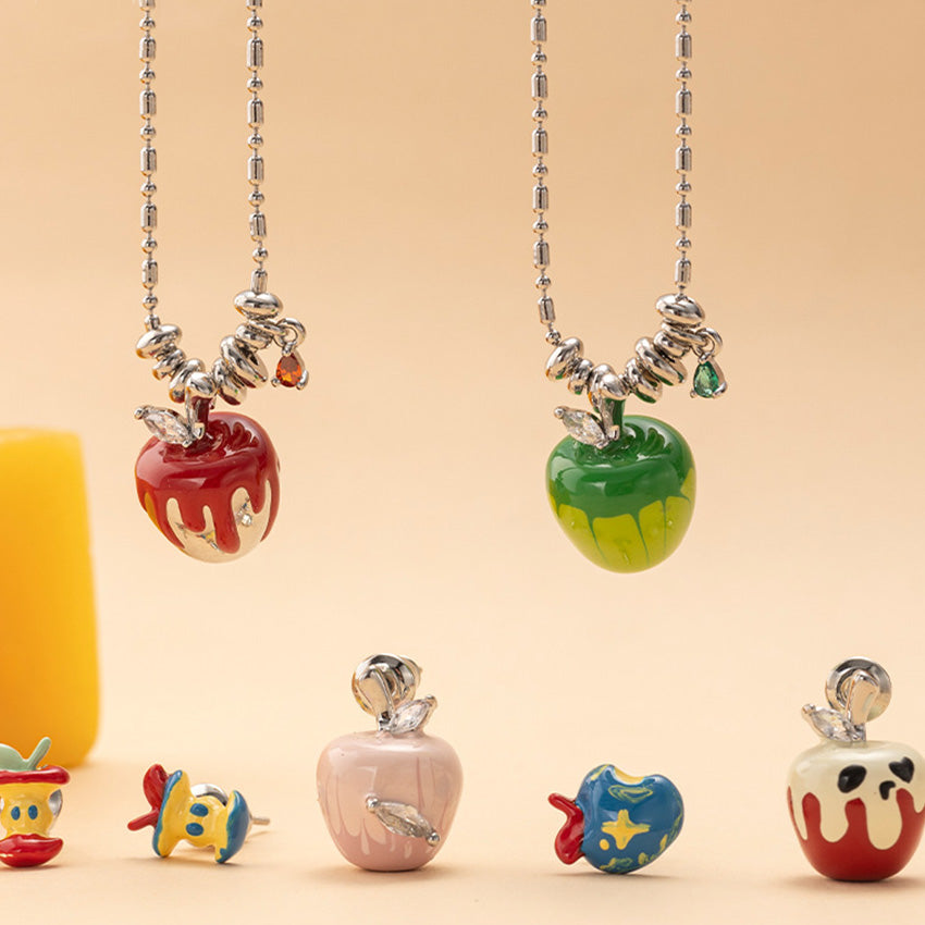 Five piece set of colorful hand painted apple pendant necklaces