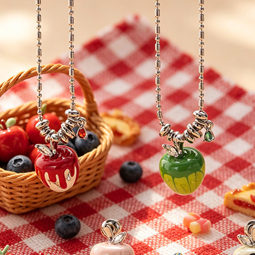 Five piece set of colorful hand painted apple pendant necklaces