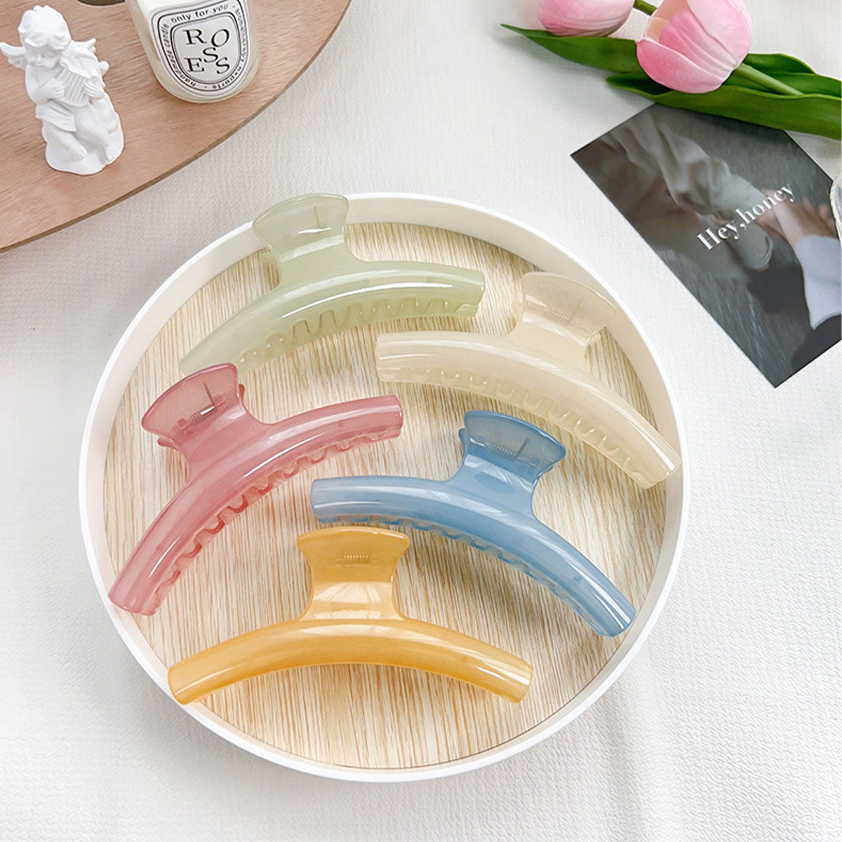 hair claw clips in green white pink blue yellow