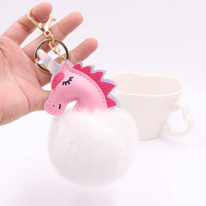 leather unicorn bag charm with pom pom fur ball keychain (5 pcs)