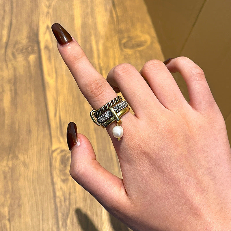 Gold baroque pearl ring retro chunky ring for women Black May gift idea