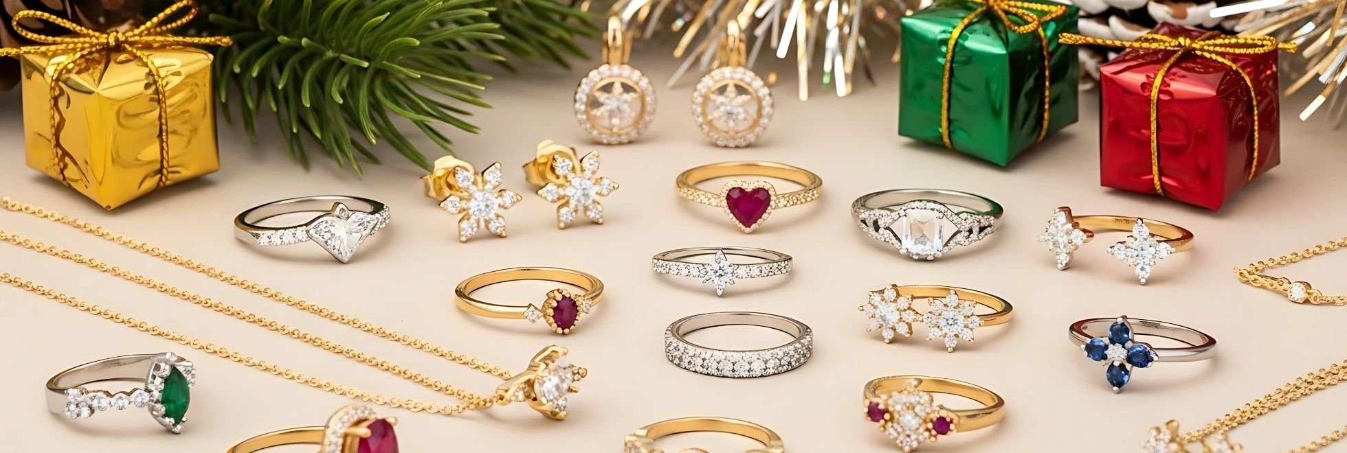 Brass jewelry wholesale new arrivals — gold-plated brass rings, star stud earrings and a dainty necklace styled with Christmas gift boxes