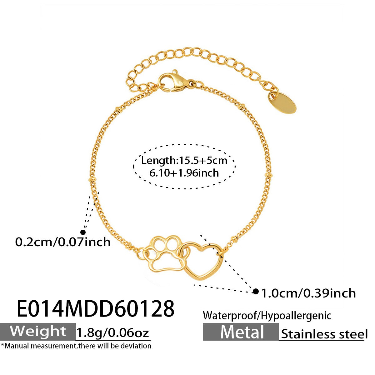 Stacked cat paw heart bracelets gold tone stainless steel adjustable chains