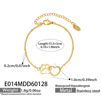 Stacked cat paw heart bracelets gold tone stainless steel adjustable chains