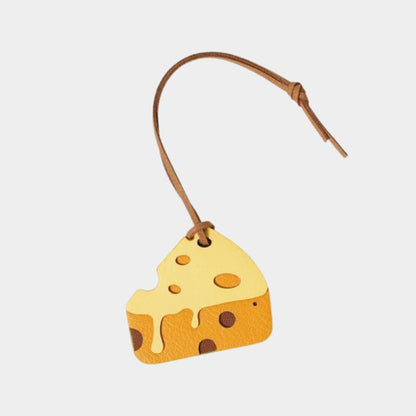 cheese shaped key chain accessory with brown strap – cute food charm for car hanging or backpacks