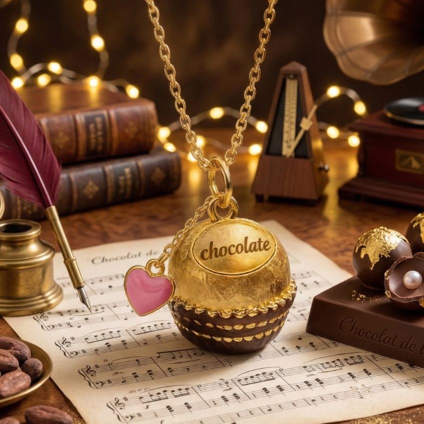 gold chocolate box pendant necklace with pink heart charm and engraved chocolate detail