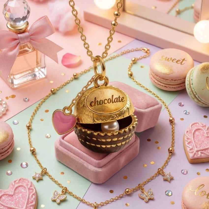 opening chocolate box pendant necklace revealing pearl detail with pink heart charm