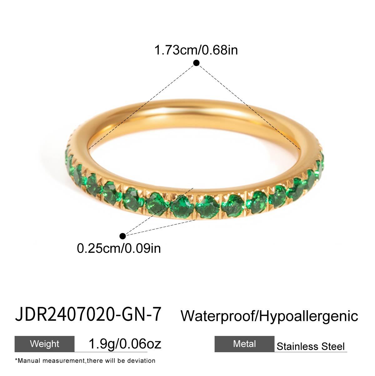 Emerald green cubic zirconia stainless steel eternity ring with gold tone finish