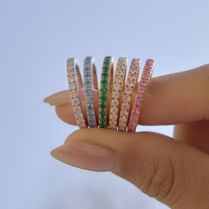 Five color stainless steel cubic zirconia stackable rings in gold and silver finishes