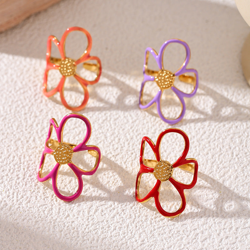 Assorted colorful stainless steel enamel flower statement rings
