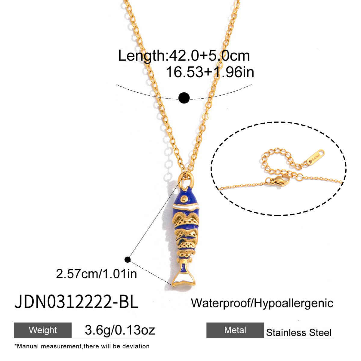 Blue enamel fish pendant necklace with stainless steel chain and size details