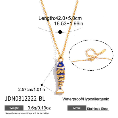 Blue enamel fish pendant necklace with stainless steel chain and size details