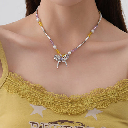 Colorful crystal and imitation pearl butterfly necklace five piece set