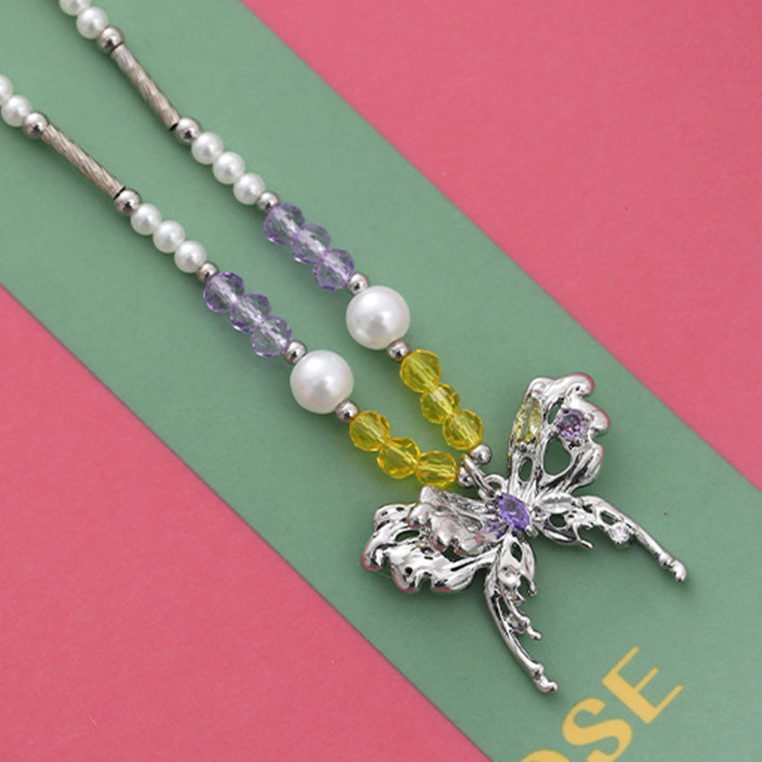 Colorful crystal and imitation pearl butterfly necklace five piece set