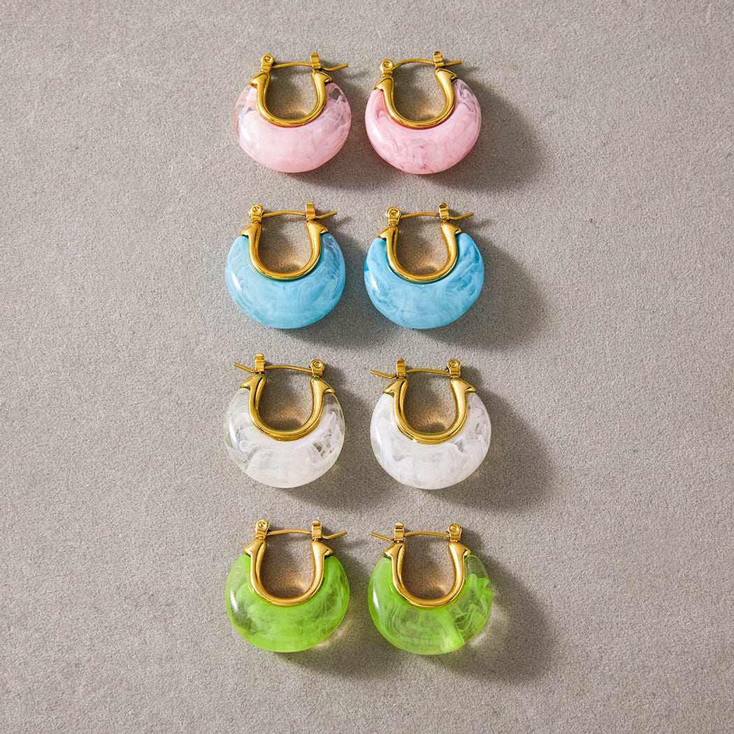 Pink blue clear and lime green resin hoop earrings with gold tone frames