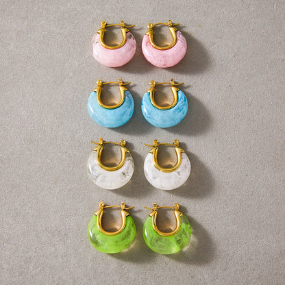 Pink blue clear and lime green resin hoop earrings with gold tone frames