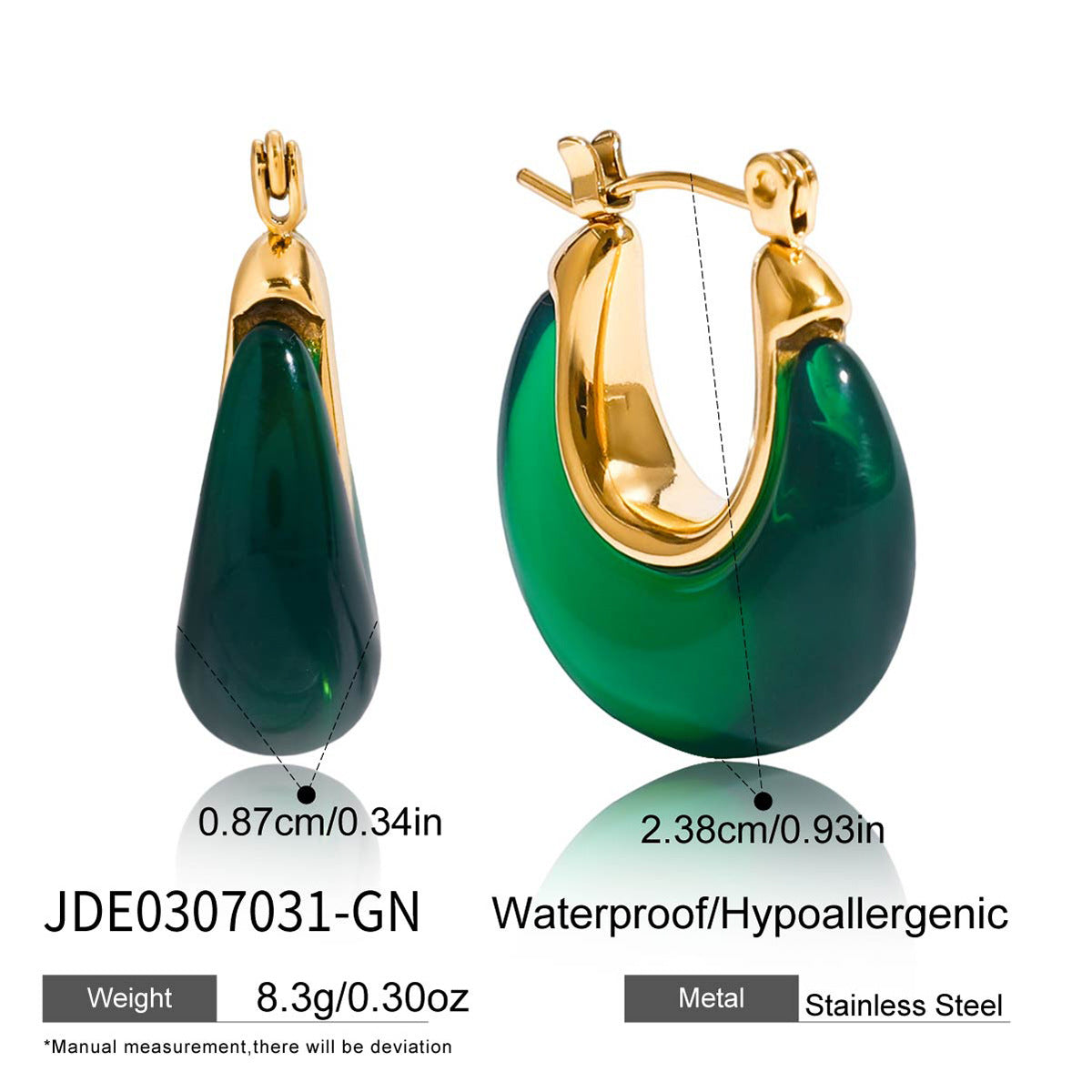 Emerald green resin hoop earrings with gold tone stainless steel frames