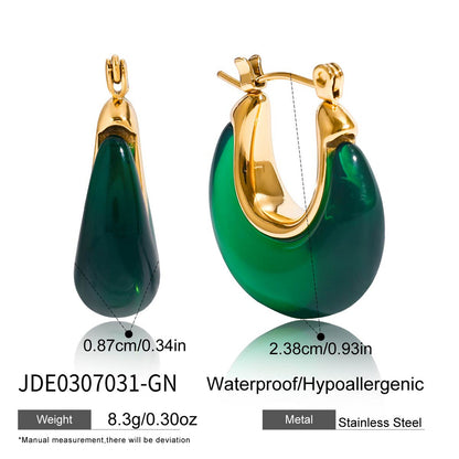 Emerald green resin hoop earrings with gold tone stainless steel frames