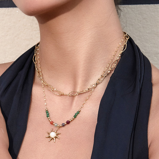 Wholesale stainless steel colorful beaded necklace with gold sun pendant perfect for vacation jewelry set