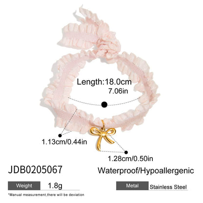 Pink ruffle bow ribbon bracelet with gold stainless steel charm, hypoallergenic and waterproof, perfect for wholesale sales
