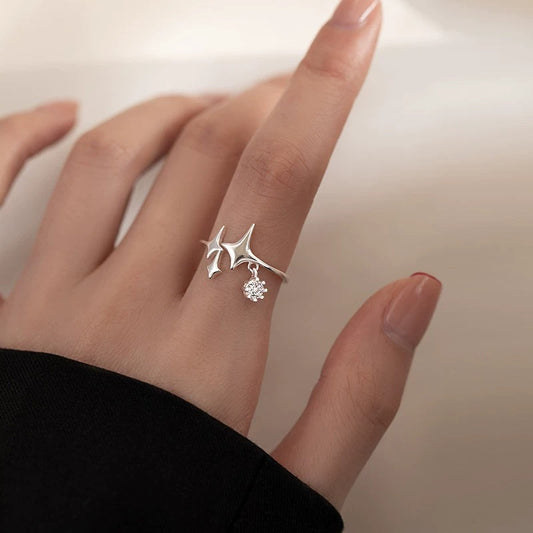 S925 sterling silver Cosmic Starlight Ring featuring North Star design and dangling zircon charm