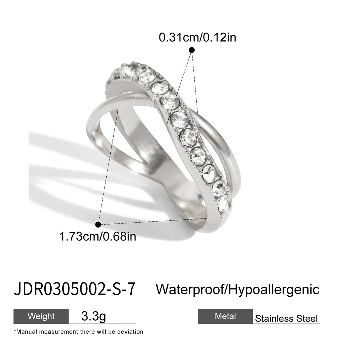 Silver stainless steel crisscross zircon ring with size and material details