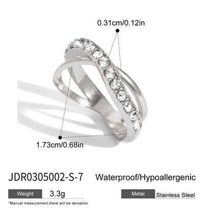 Silver stainless steel crisscross zircon ring with size and material details