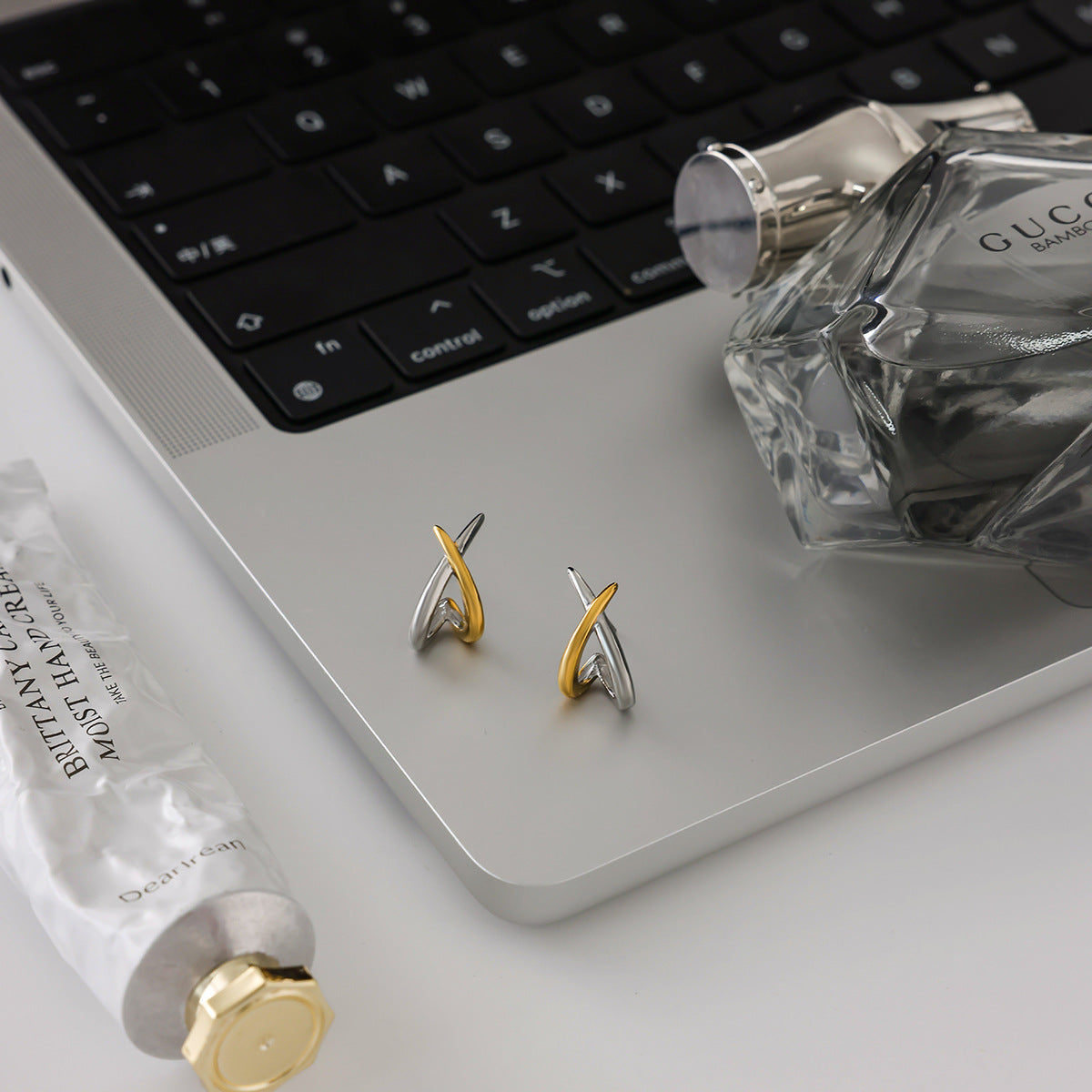 Two tone stainless steel crossed line earrings with minimalist design display