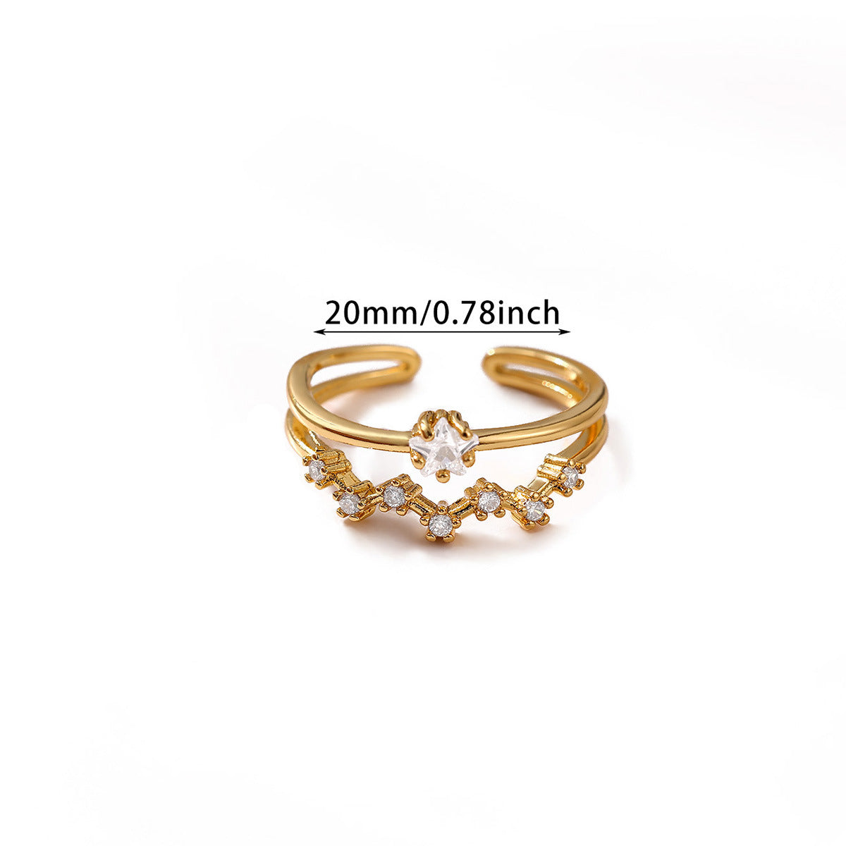 Gold tone star open ring with cubic zirconia accents for wholesale fashion jewelry buyers
