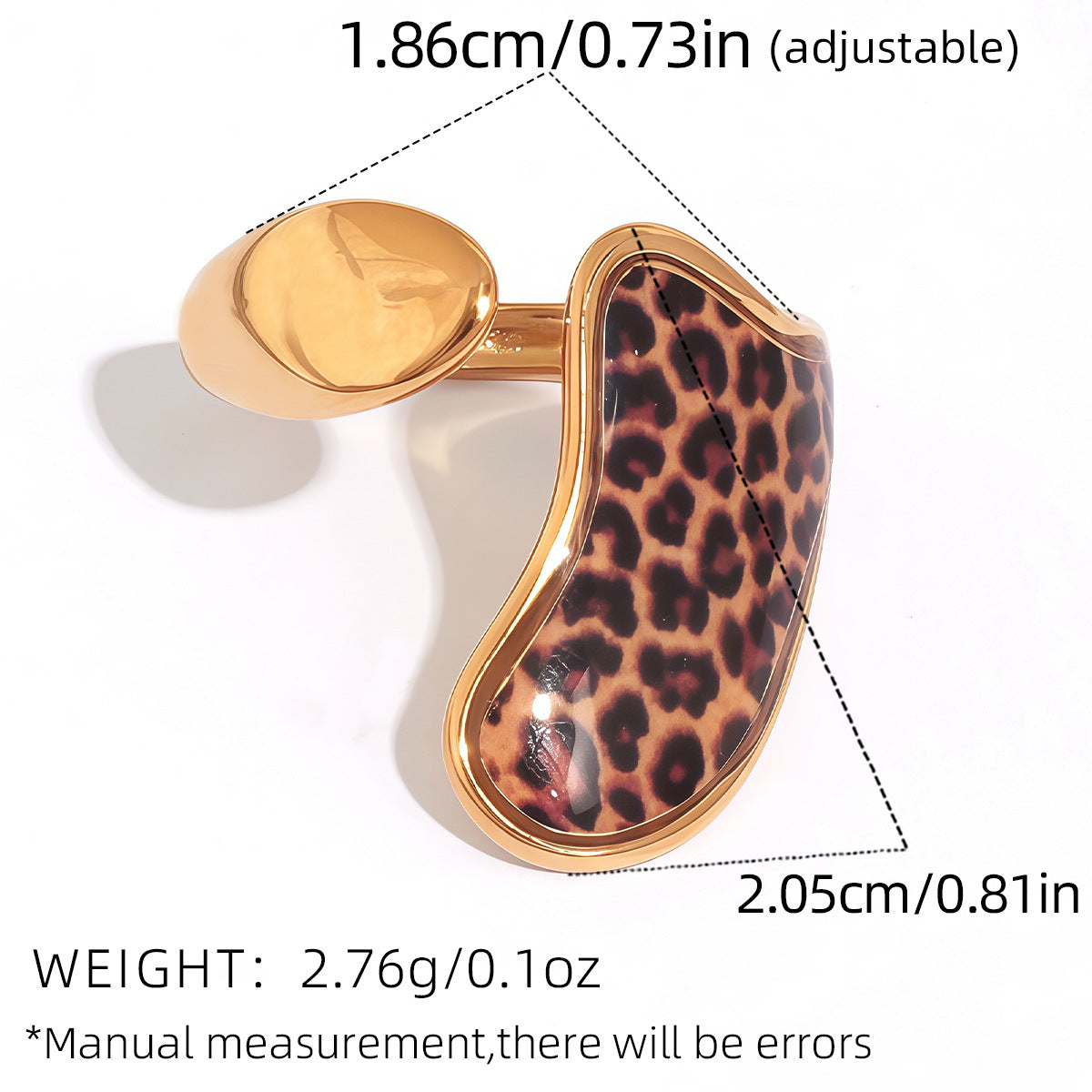Adjustable curved leopard statement ring made from polished stainless steel