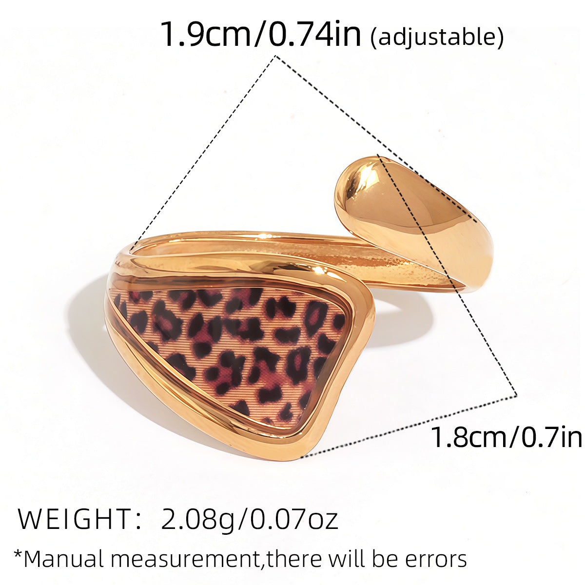 Asymmetric leopard print open ring with polished stainless steel ends