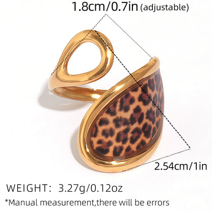 Adjustable teardrop leopard print ring made from gold tone stainless steel