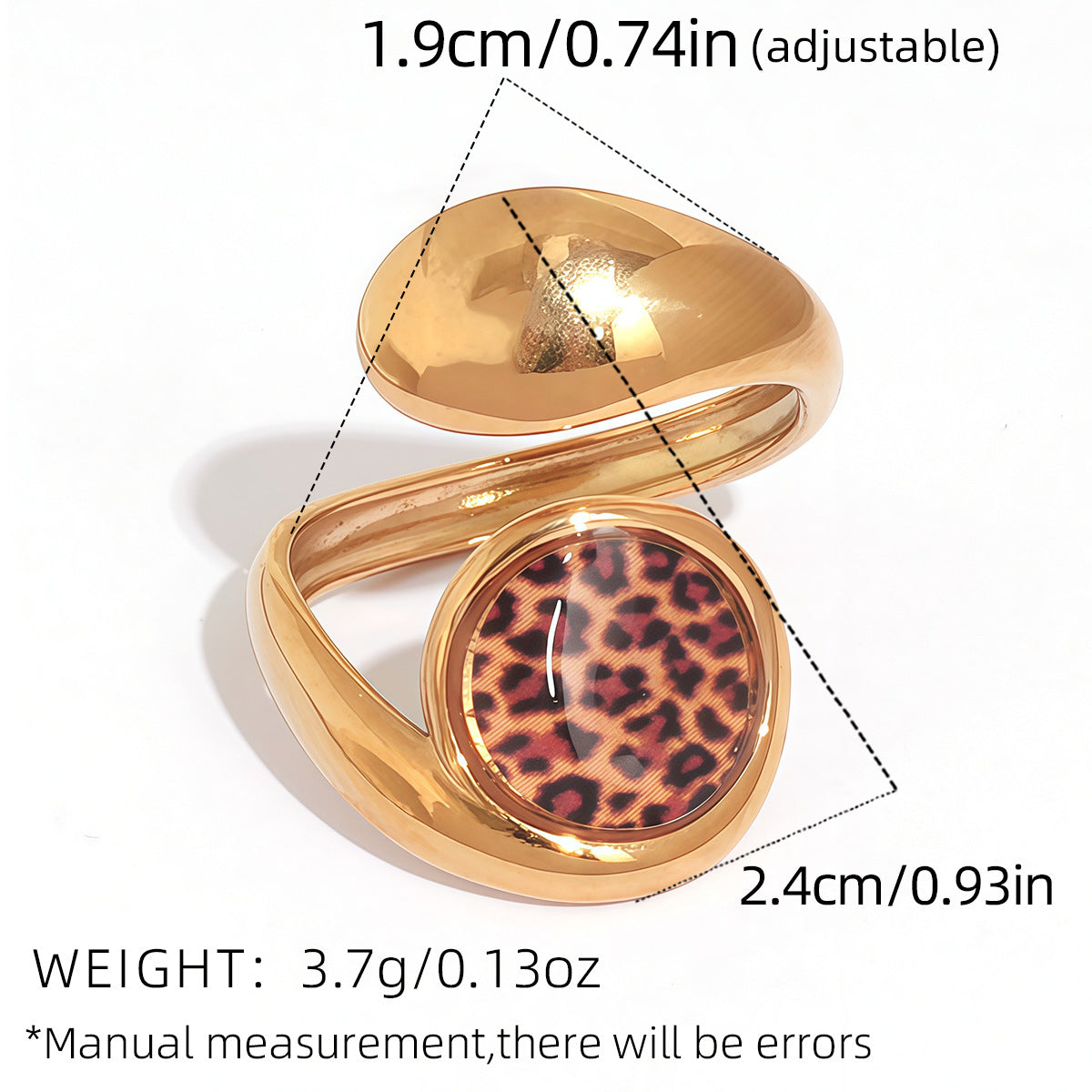 Round leopard print open ring with sculptural gold tone stainless steel design