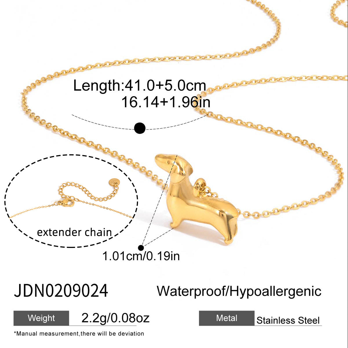 Stainless steel dog pendant necklace size and extender chain details