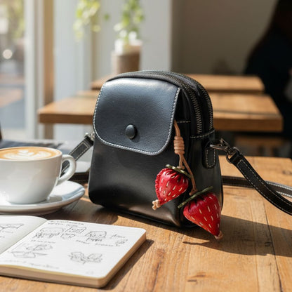 Cute Strawberry Leather Keychain in Red — Bag Charm Wholesale Display for Boutique Handbags
