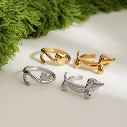 Gold and silver dachshund and cat open rings with minimalist line design for wholesale