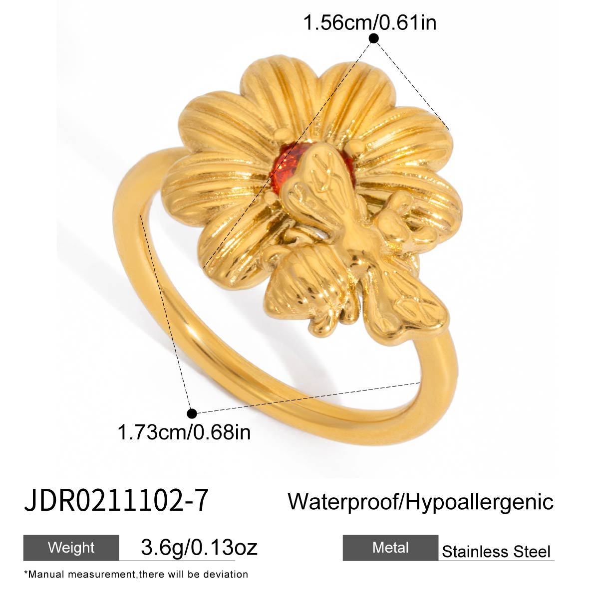Wholesale stainless steel bee daisy ring with orange zircon size and material details